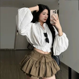 Set Áo Sơ Mi Croptop Tay Bồng Mix Chân Váy Dáng Xoè Tầng Kèm Dây Đai Phong Cách Tiểu Thư DG10