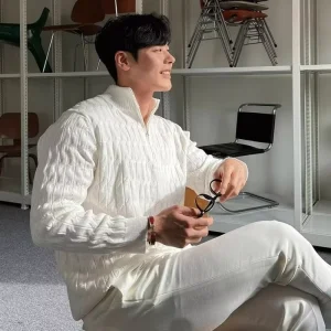 Phiên Bản Hàn Quốc Nửa Cổ Rùa Dây Kéo Áo Len Nam Cao Cấp Lười Áo Len Dài Tay Thời Trang Phù Hợp Với Áo Khoác Trắng